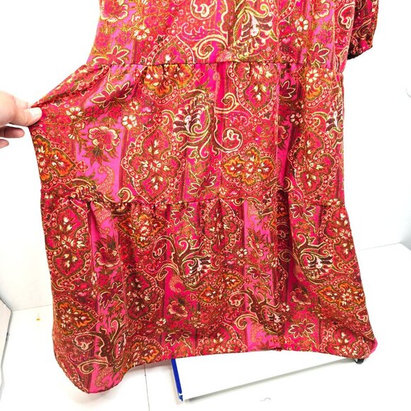 Julia Jordan Red Pink Floral Paisley Pleated V Neck Boho Tiered Flowy Maxi Dress - Picture 6 of 14